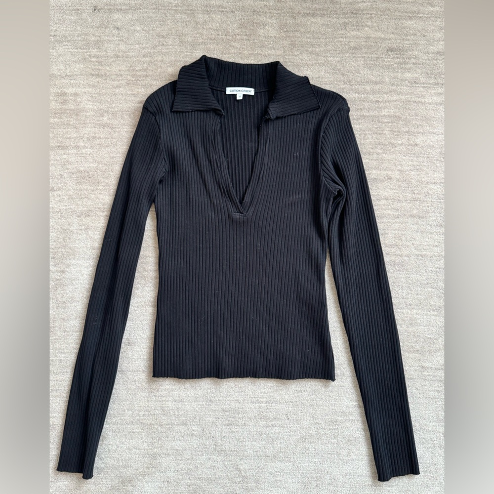 Cotton Citizen Black Ribbed Long Sleeve Polo Top - XS